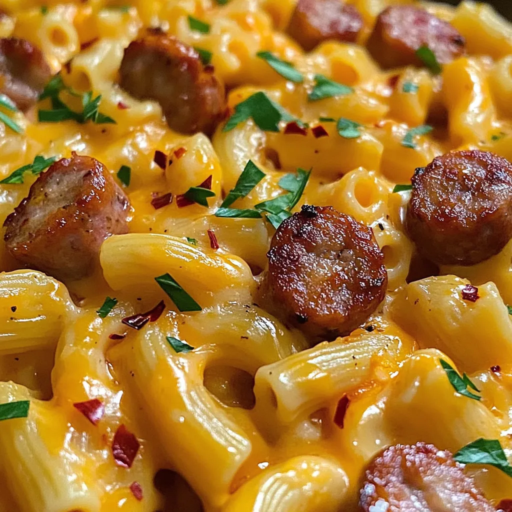 A plate of macaroni and cheese with sausage.
