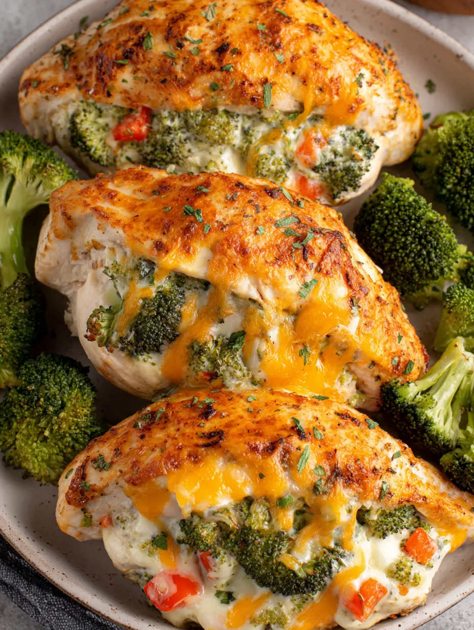 A plate of broccoli and cheese stuffed chicken breasts.