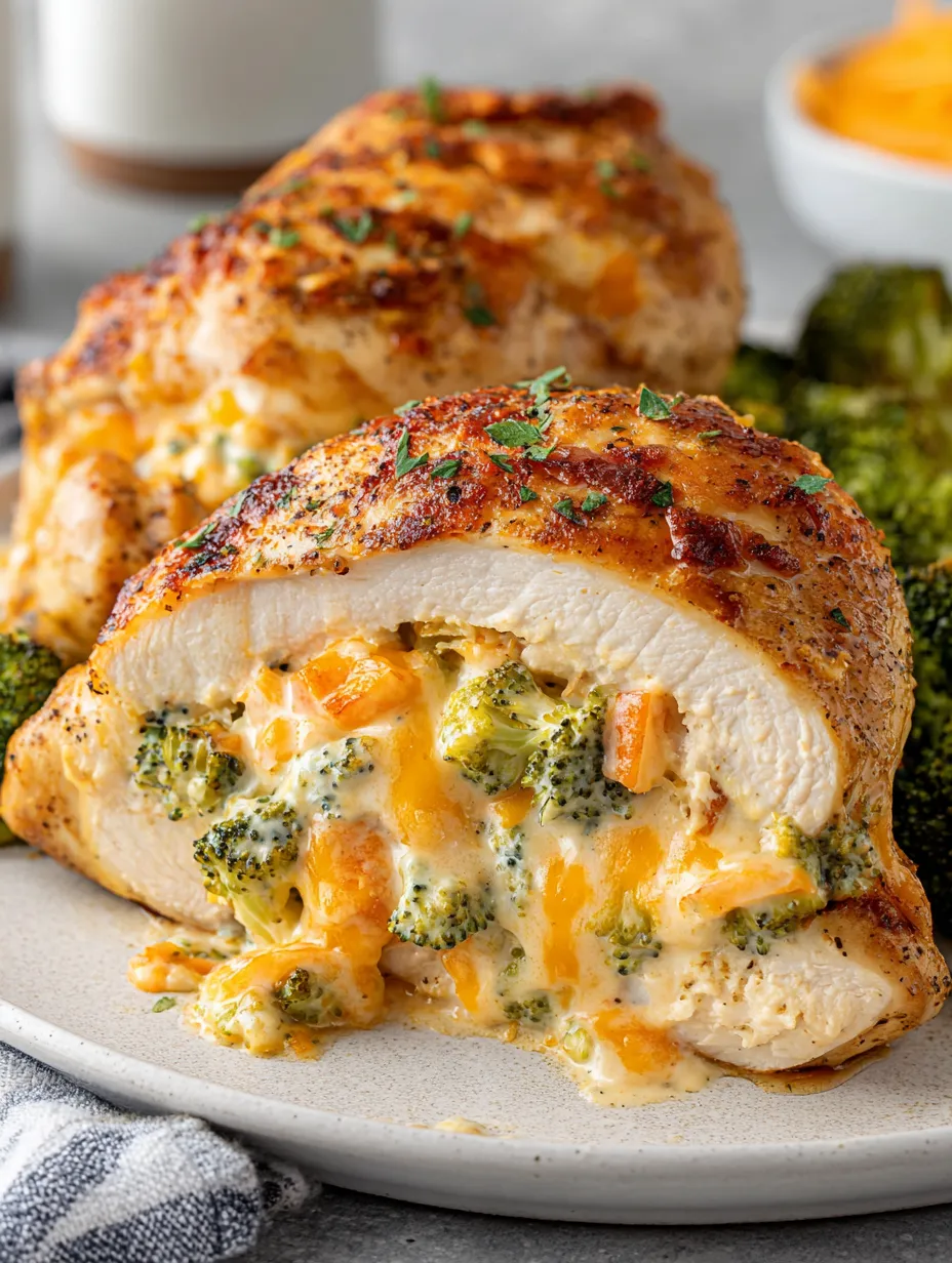 A plate of chicken with broccoli and cheese stuffed inside.