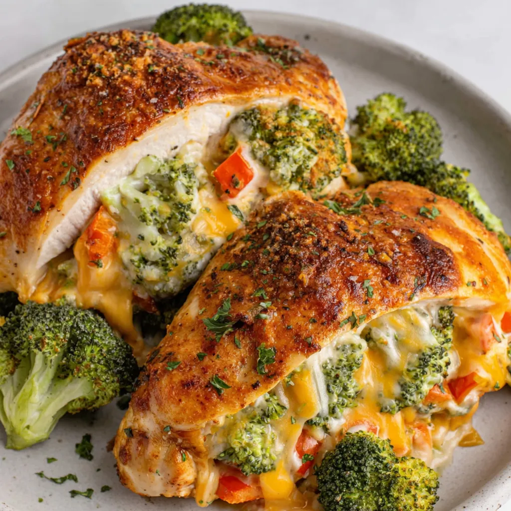 A plate of broccoli and cheese stuffed chicken breast.