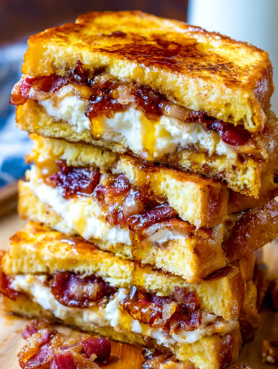 Bacon stuffed French toast stacked on top of each other.