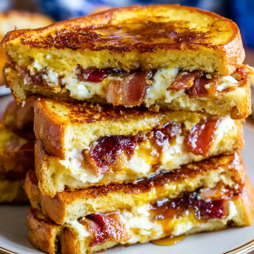 Bacon stuffed French toast stacked on a plate.