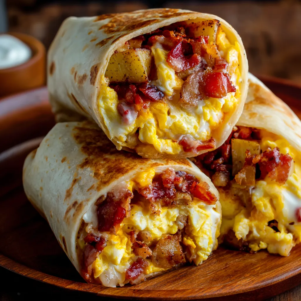 A breakfast burrito with bacon, egg and cheese.