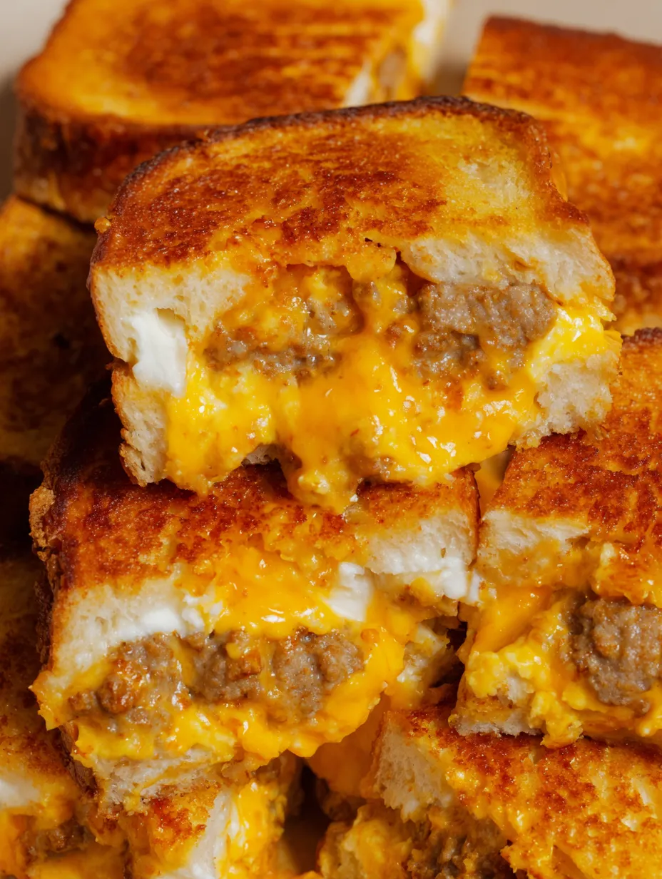 A grilled cheese sandwich with sausage and egg.