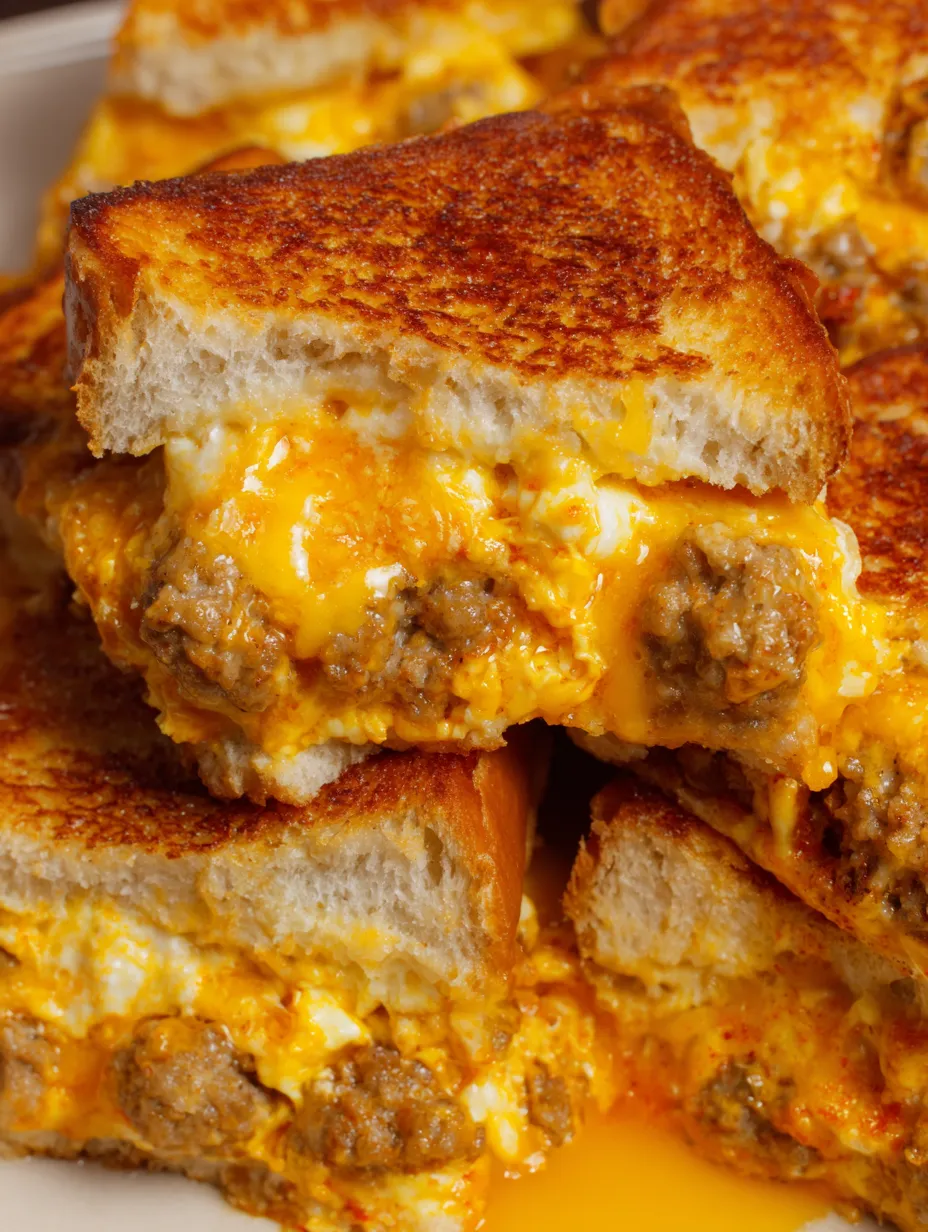 A stack of grilled cheese sandwiches with sausage and egg.
