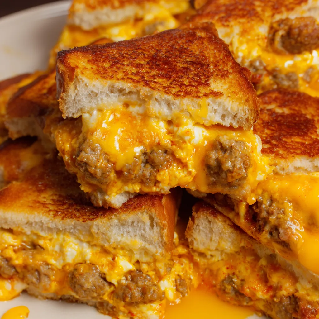 A plate of grilled cheese with sausage and egg.