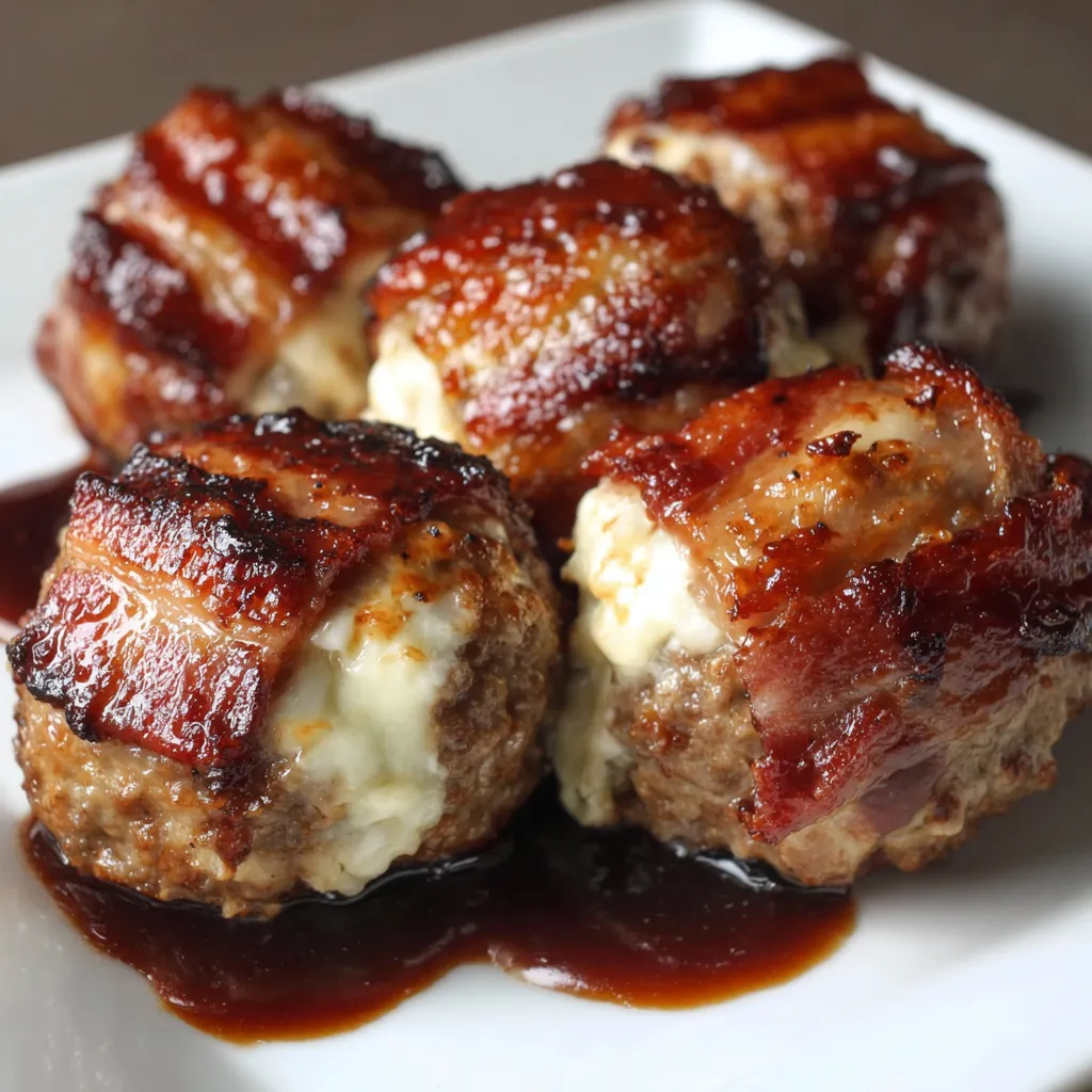Cheddar-stuffed BBQ bacon bombs on a white plate.
