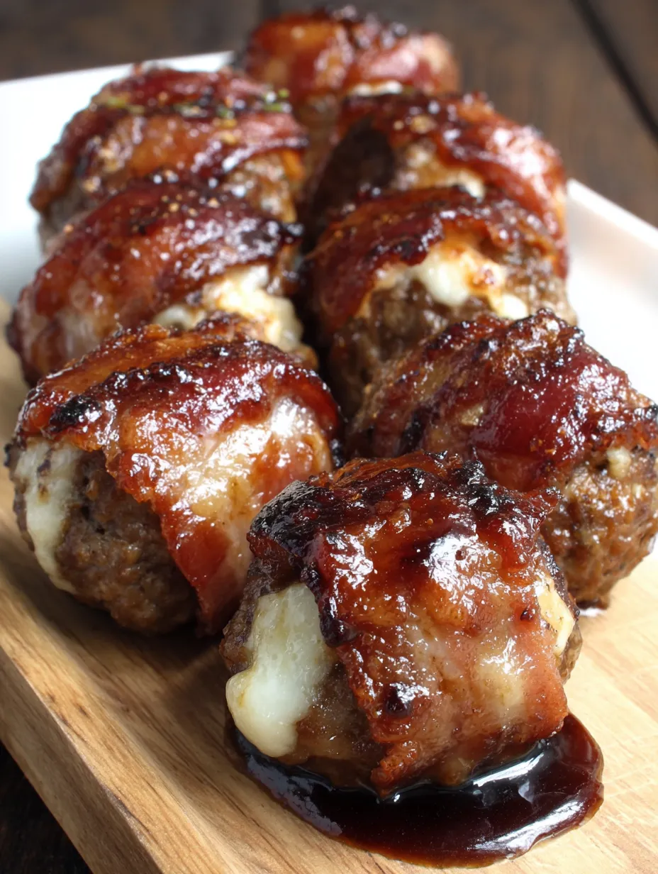 Cheddar-stuffed BBQ bacon bombs on a wooden platter.