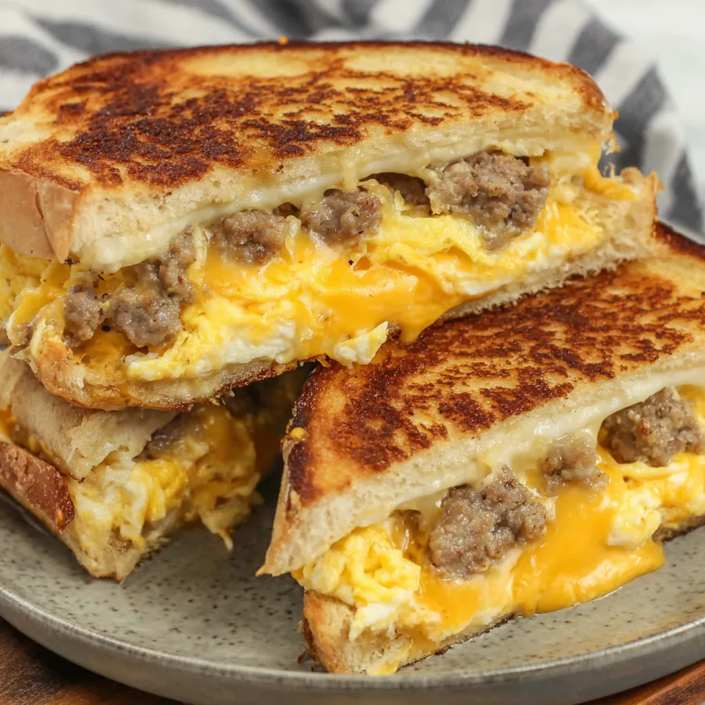 A grilled cheese sandwich with meat and egg.