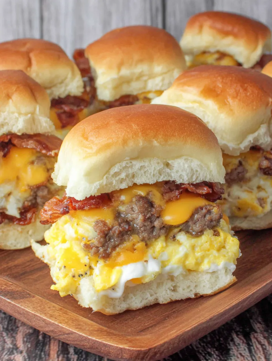 A plate of breakfast sliders with bacon and egg.