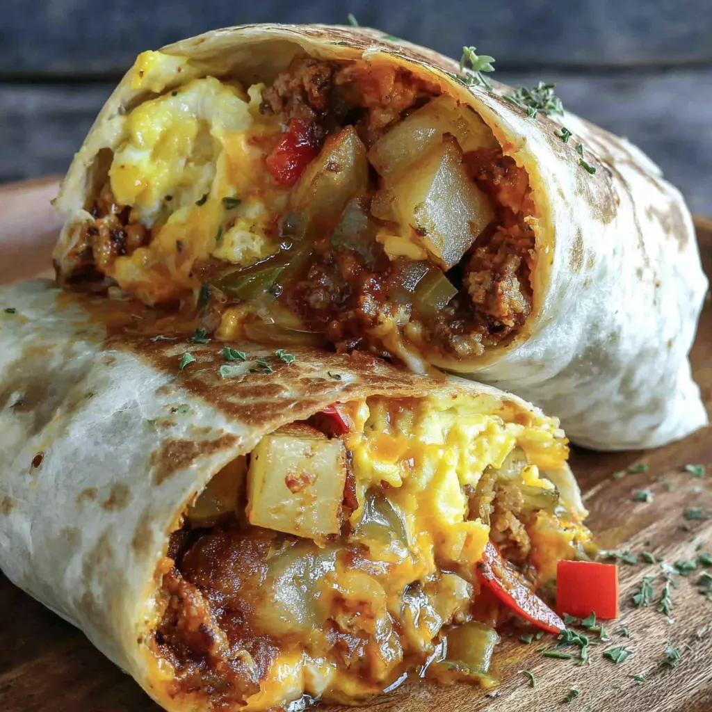 A chorizo breakfast burrito with eggs and peppers.