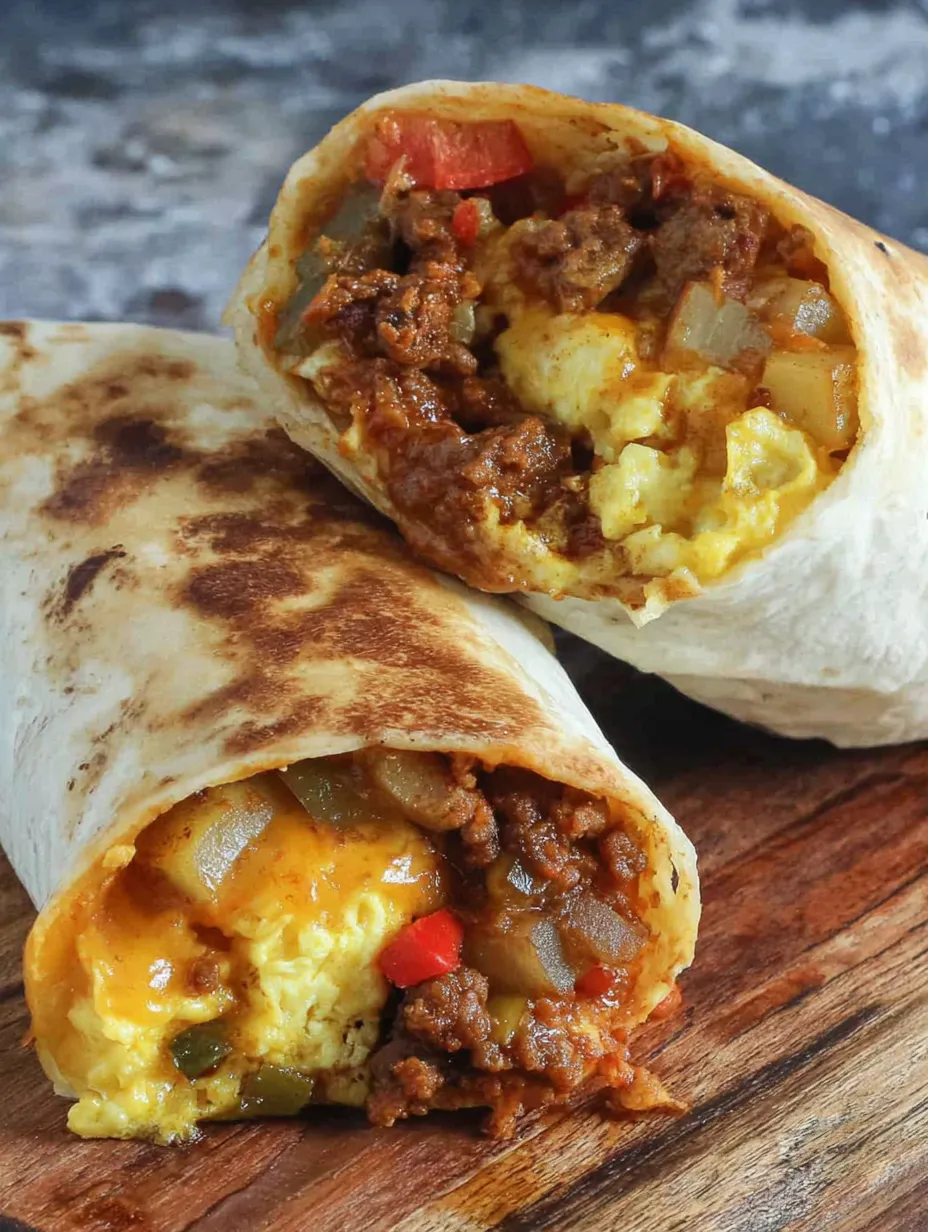 A chorizo breakfast burrito with eggs and tomatoes.