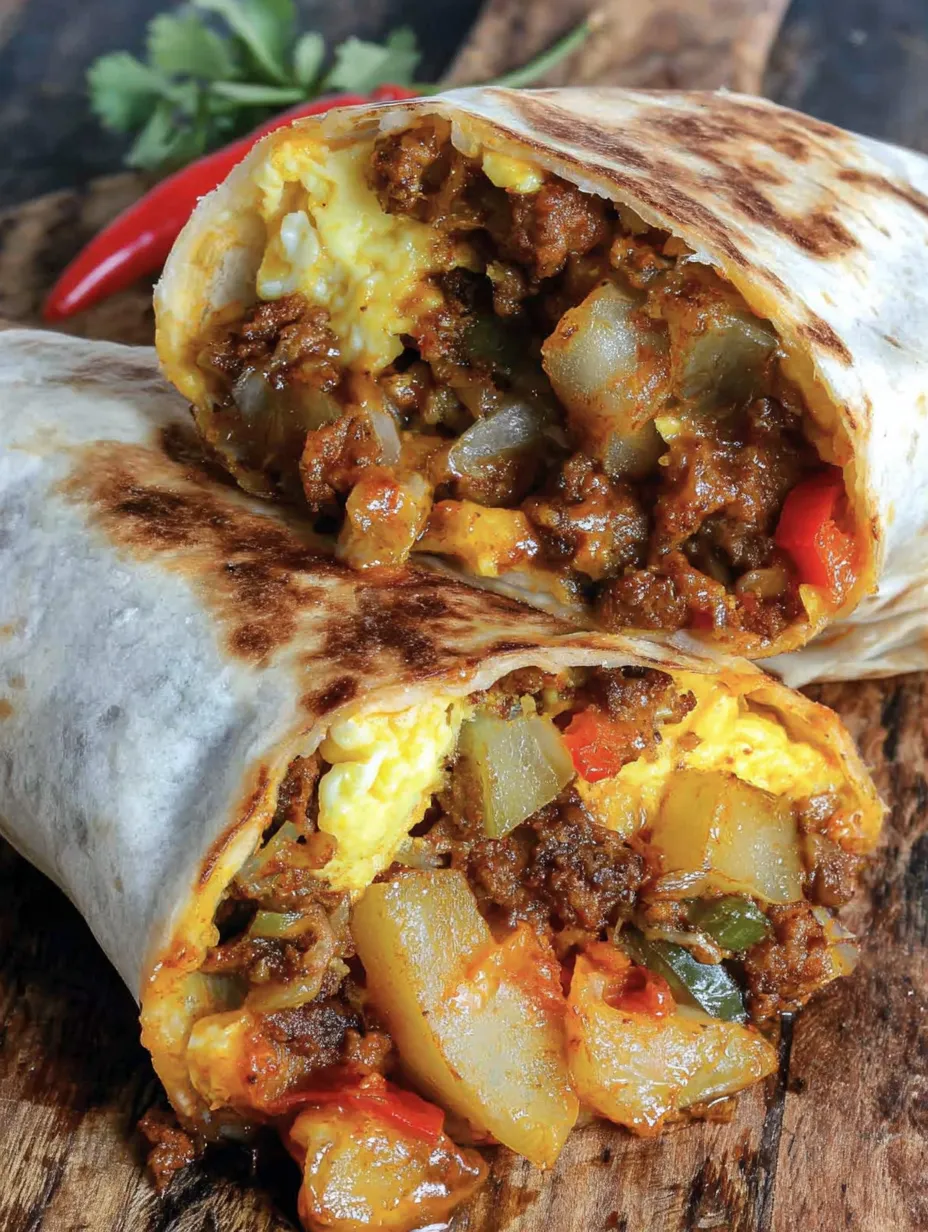A chorizo breakfast burrito with eggs and peppers.