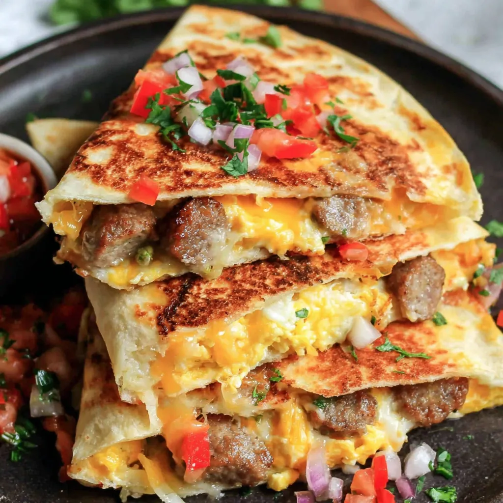 A stack of breakfast quesadillas with tomatoes, onions, and sausage.