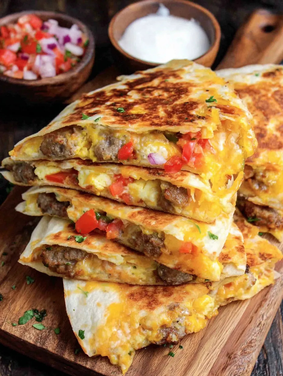 A stack of breakfast quesadillas with meat and cheese.