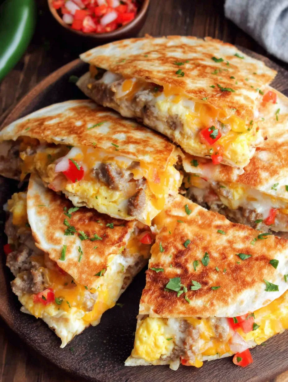 A breakfast quesadilla is cut into pieces.