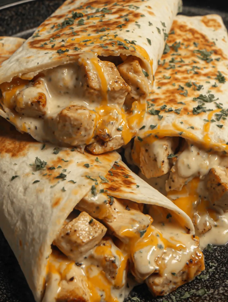 A plate of cheesy garlic chicken wraps.