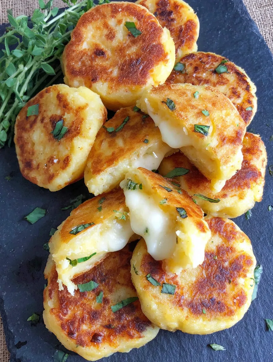 Cheesy stuffed potato cakes on a black plate.