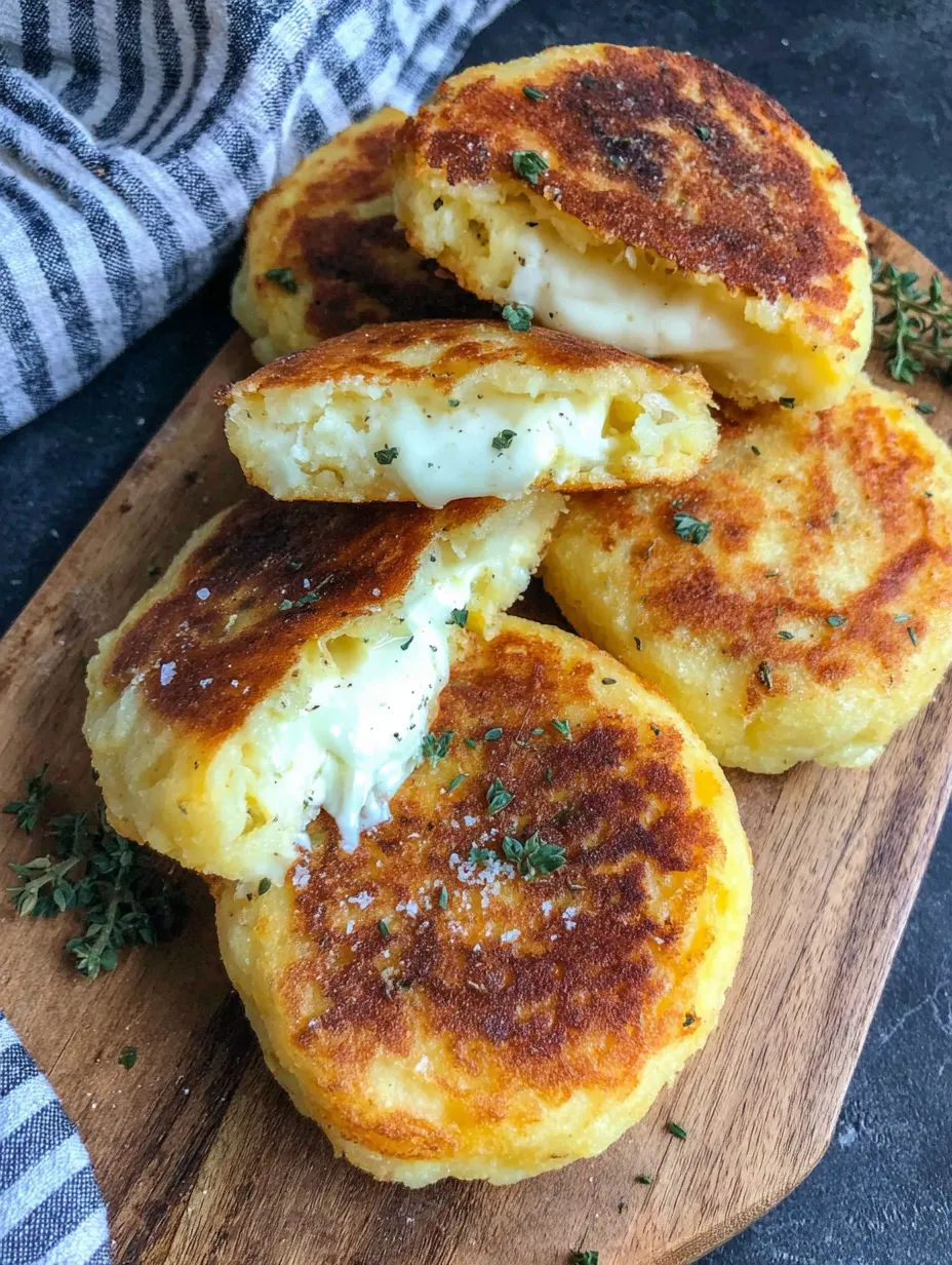 Cheesy stuffed potato cakes on a wooden board.