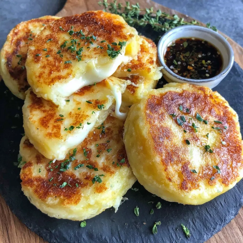 Cheesy stuffed potato cakes on a plate.