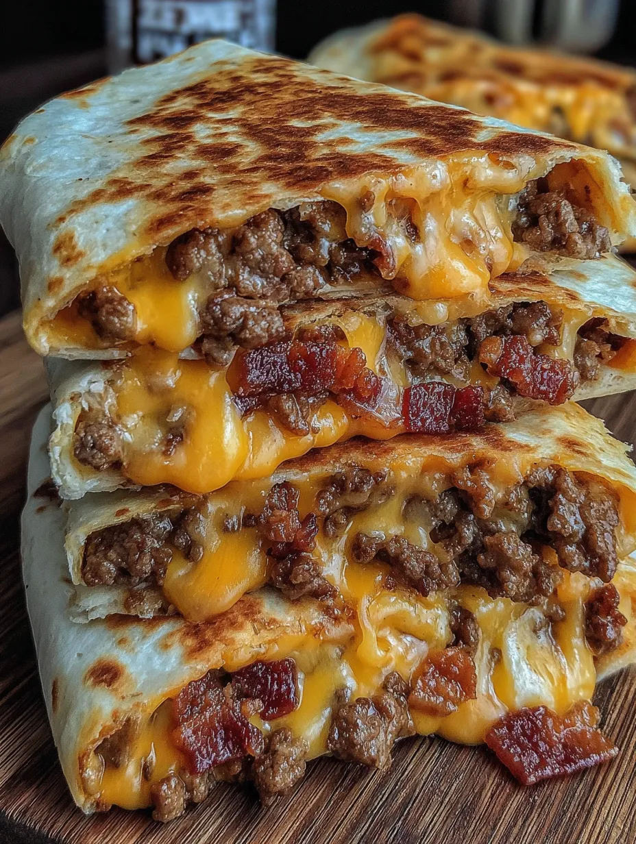 A stack of bacon cheeseburger quesadillas.