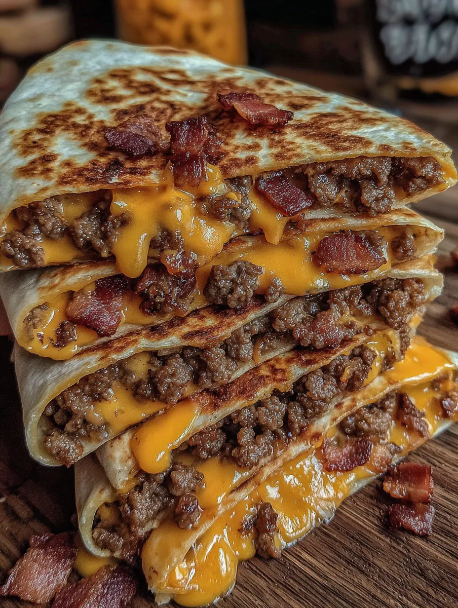 A stack of bacon cheeseburger quesadillas.