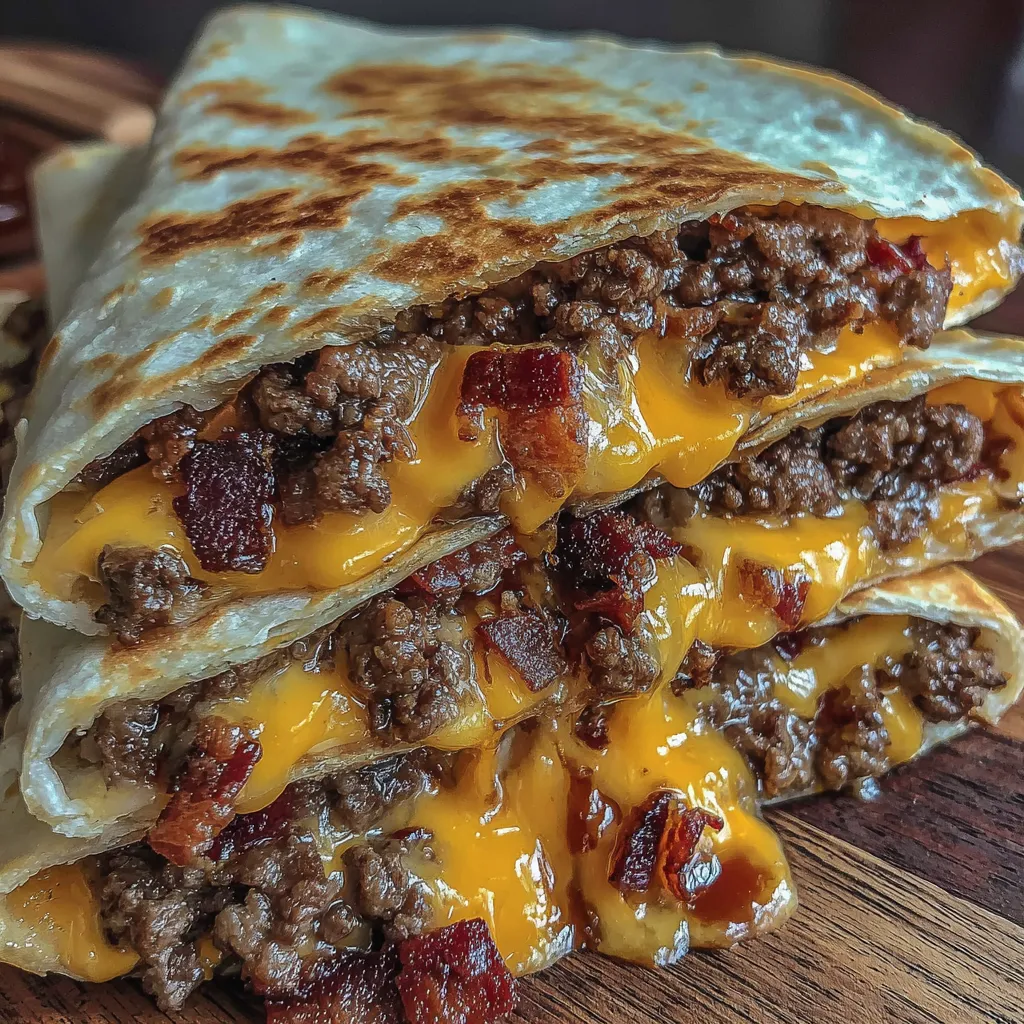 A stack of bacon cheeseburger quesadillas.