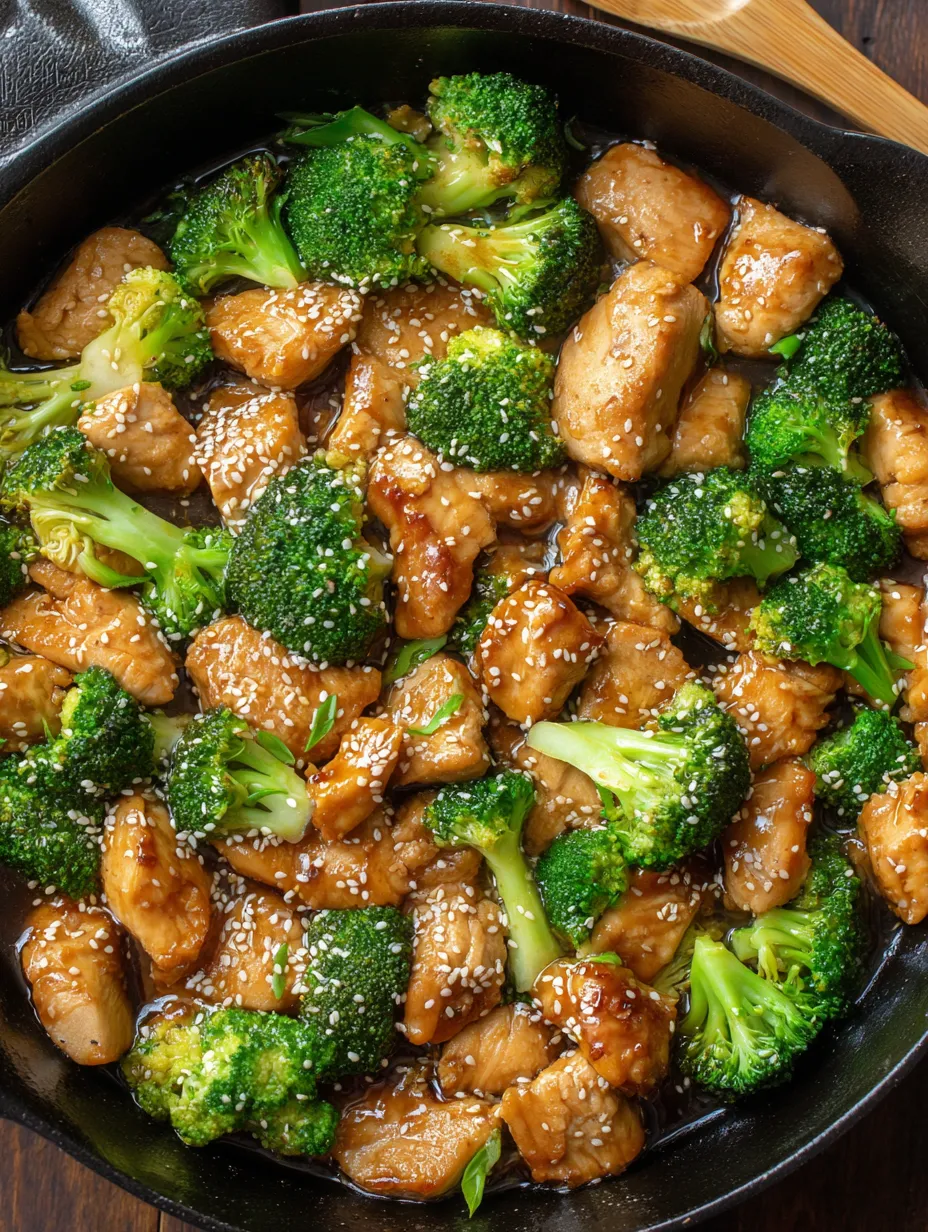 A pan of chicken and broccoli with sesame seeds on top.