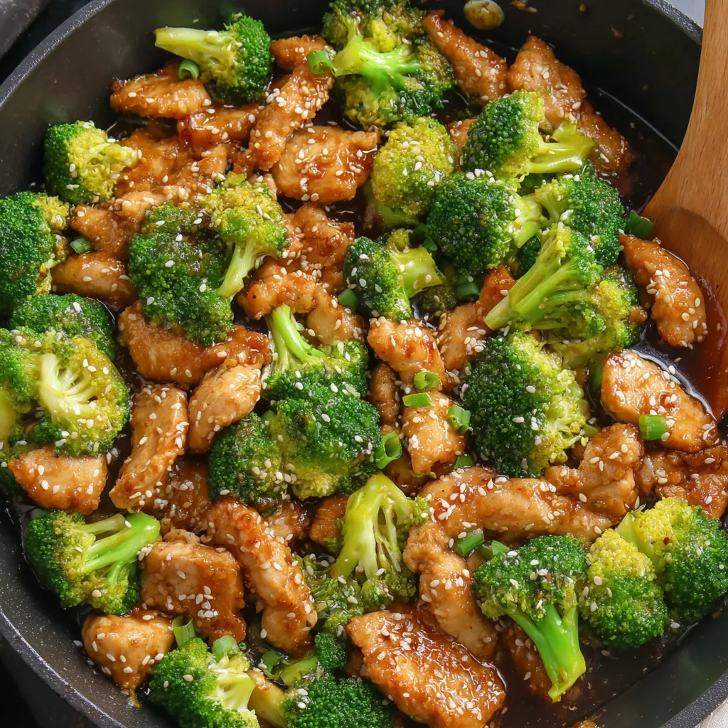 A pan of chicken and broccoli with a brown sauce.
