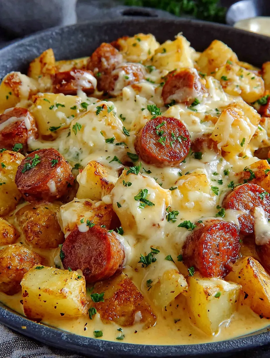 A close up of a delicious Kielbasa Sausage Cheesy Potato Casserole.