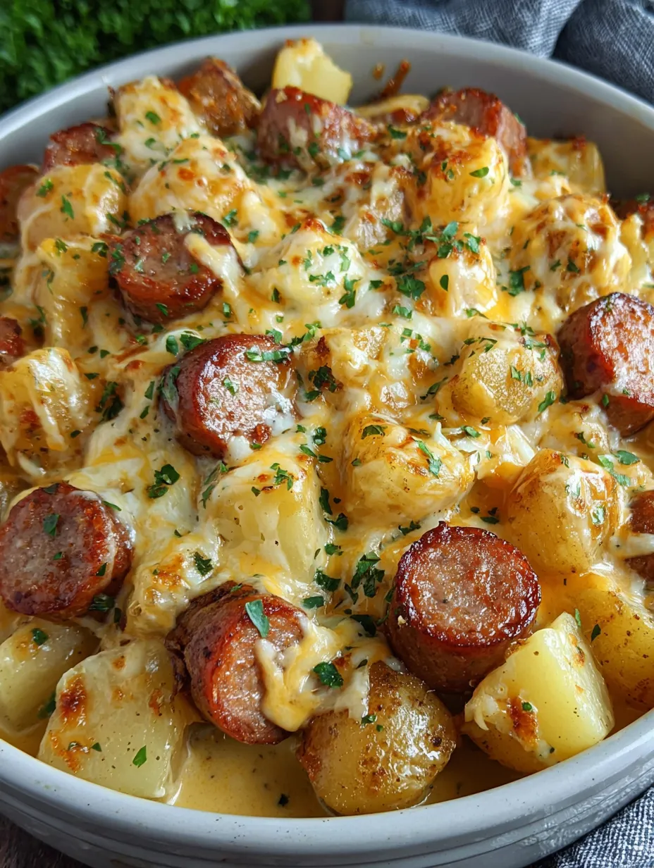 A delicious Kielbasa Sausage Cheesy Potato Casserole.