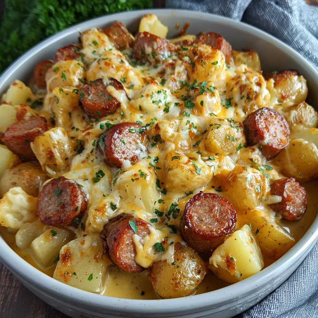 A bowl of food with sausage and potatoes.