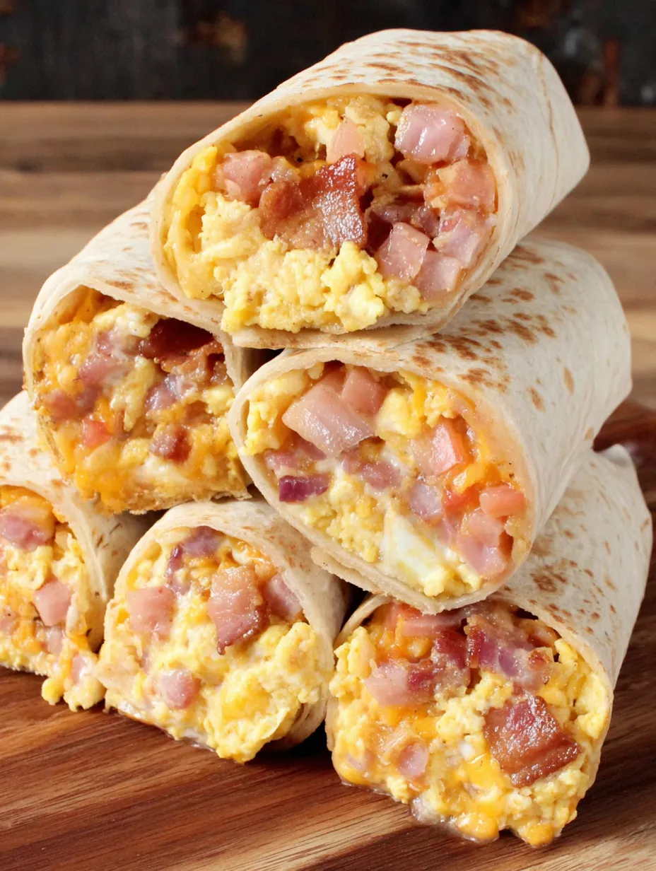 Breakfast burritos are stacked on a table.