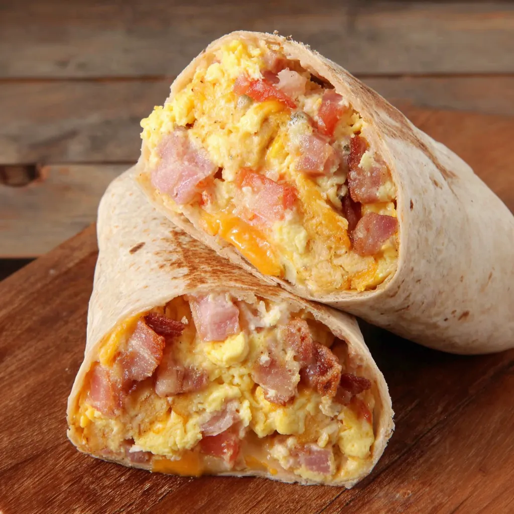 Two breakfast burritos with eggs and bacon.