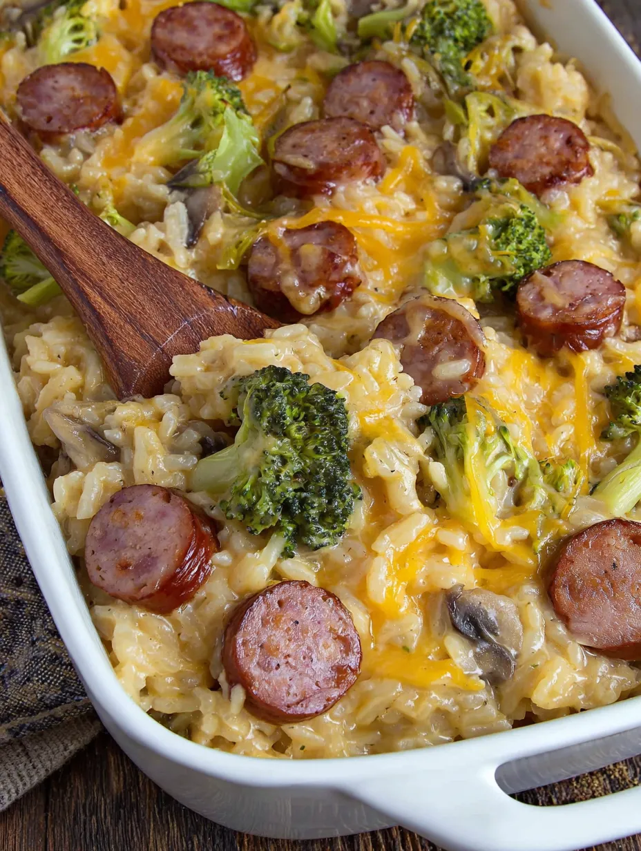 A cheesy sausage casserole with broccoli and sausage.