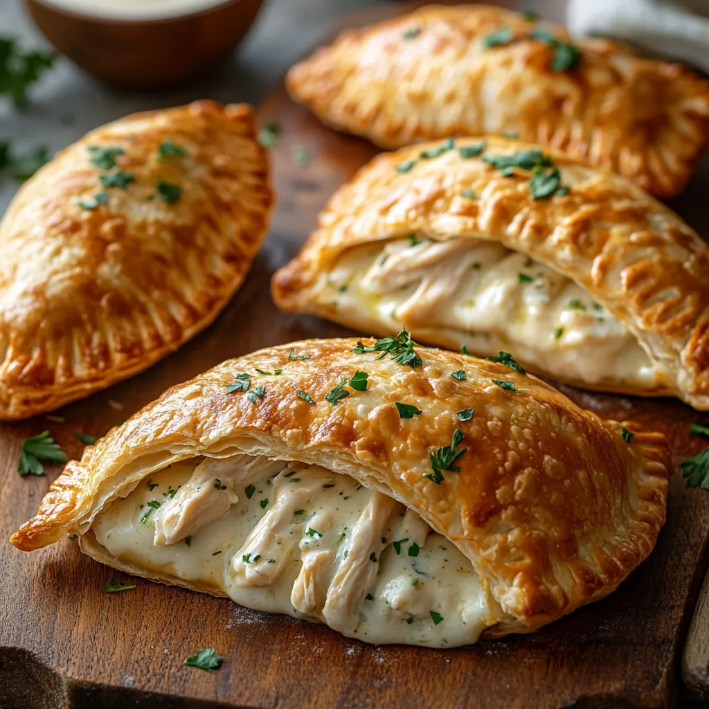 Three chicken empanadas on a wooden cutting board.