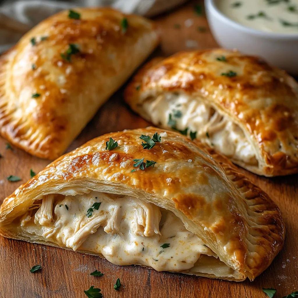 Three chicken pot pies on a wooden table.