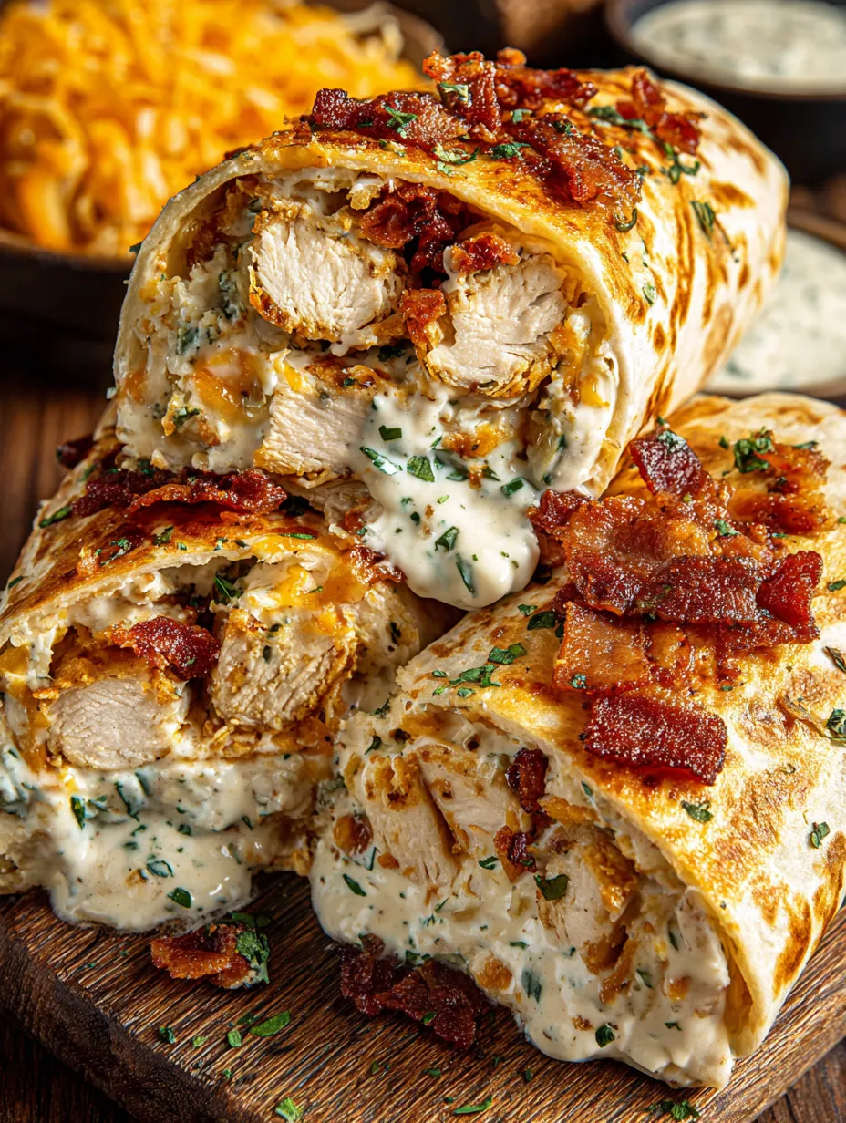 A chicken wrap with bacon and ranch dressing.