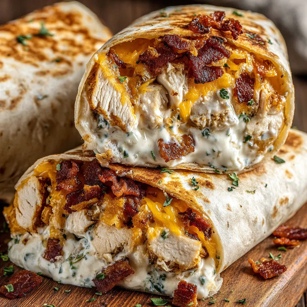 A chicken wrap with bacon and ranch dressing.
