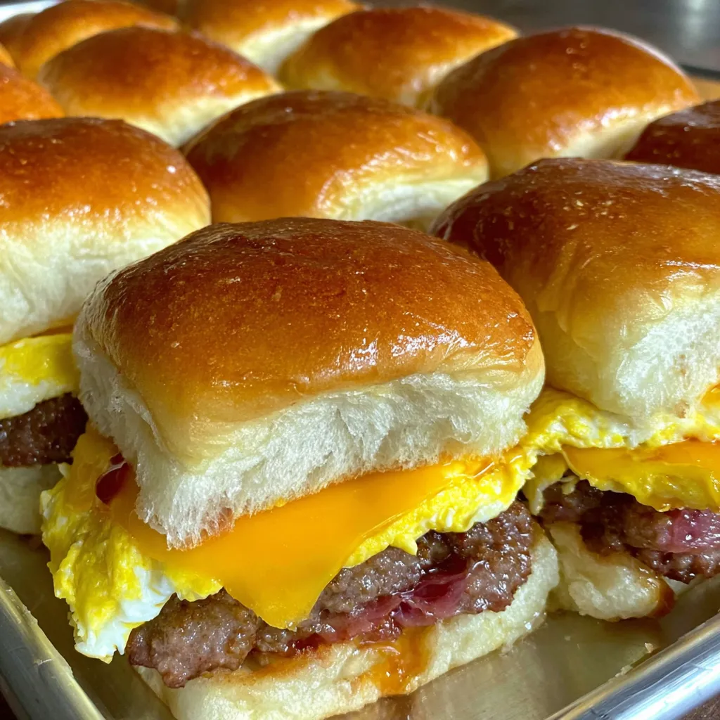 A tray of smoked maple sausage breakfast sliders.