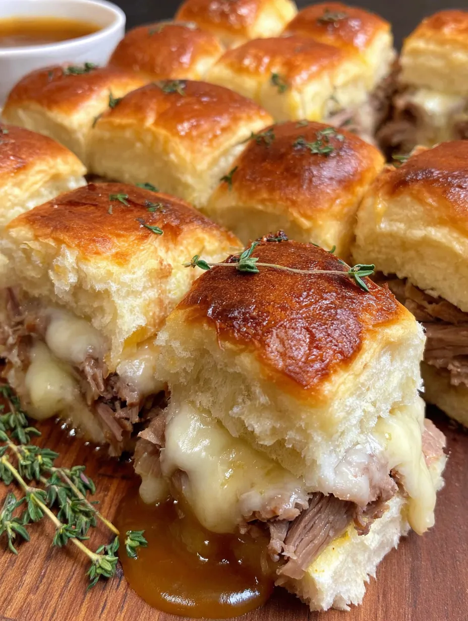 French dip sliders on a wooden table.