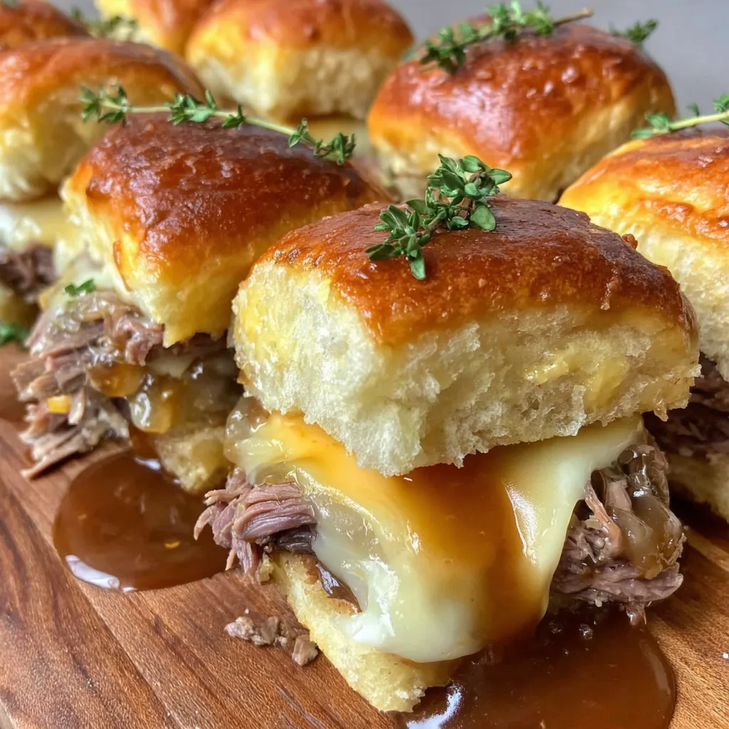 French dip sliders on a wooden platter.