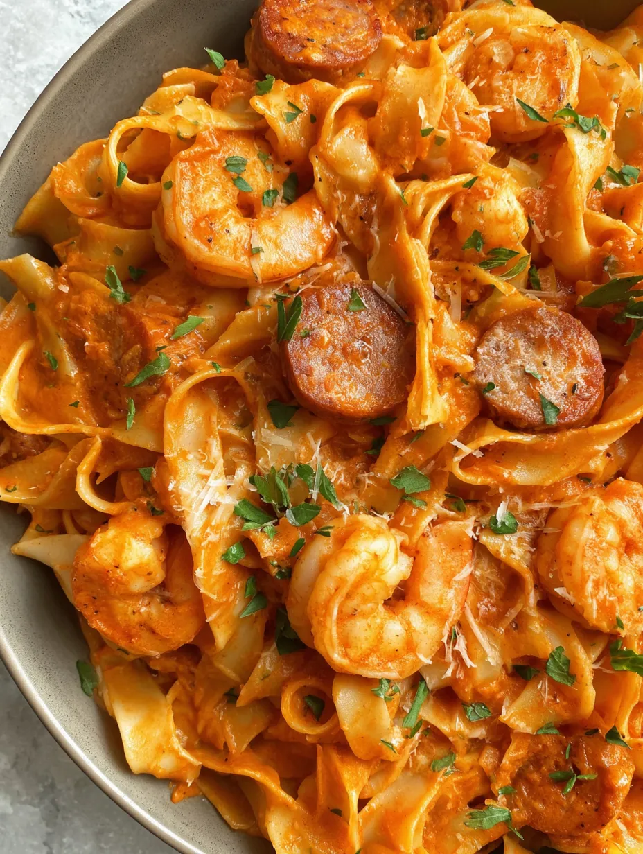 A bowl of shrimp and sausage pasta.