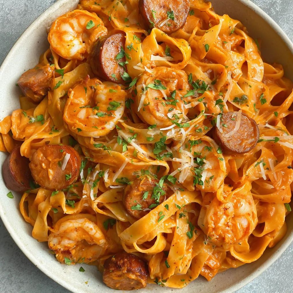 A bowl of shrimp and sausage pasta.