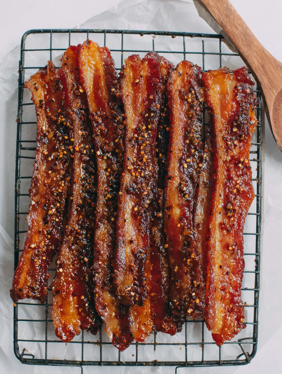 Bacon with pepper on it.