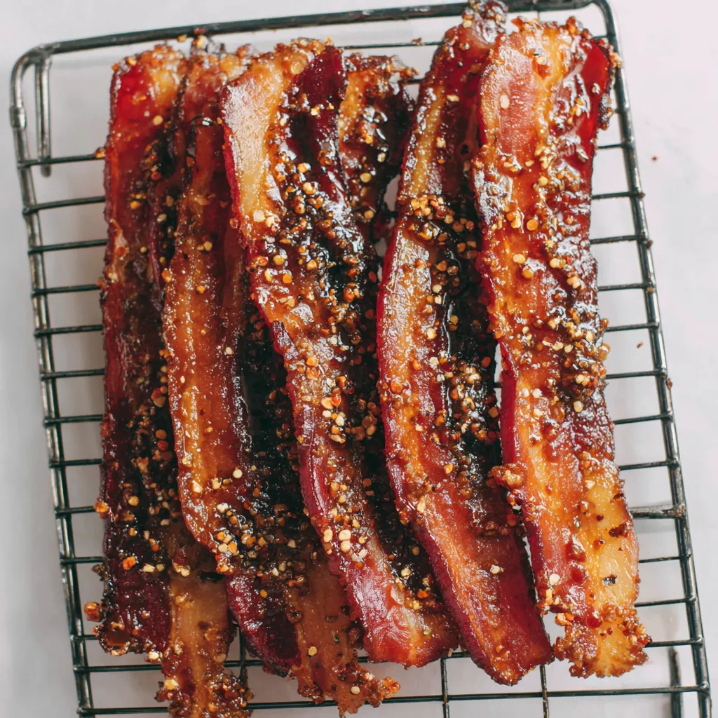 Bacon with seasoning on a wire rack.