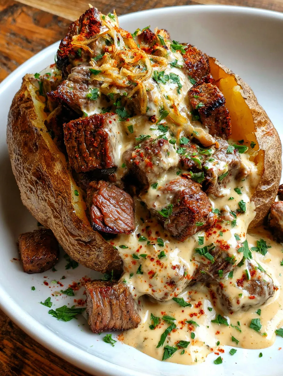 A loaded baked potato with steak bites.
