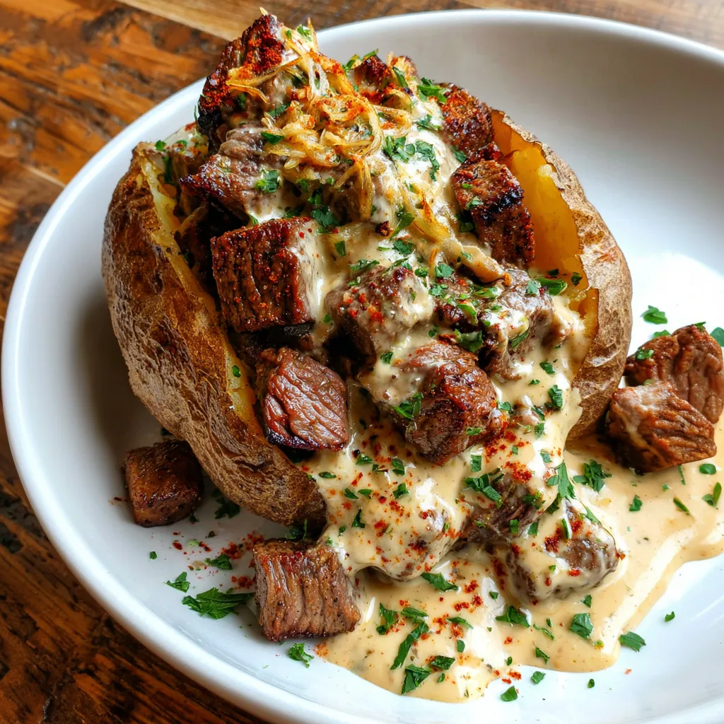 A loaded baked potato with steak bites.