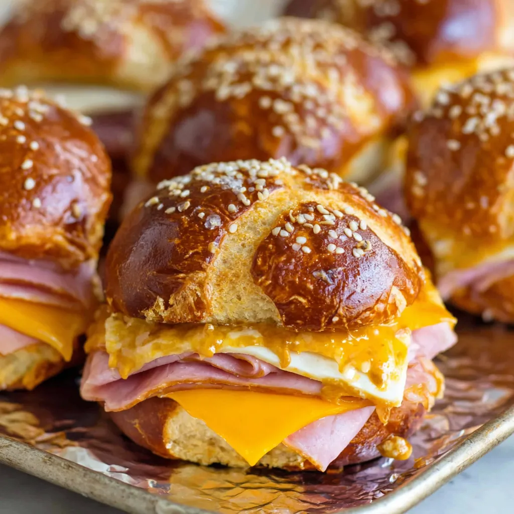 A plate of honey mustard ham and cheese pretzel sliders.