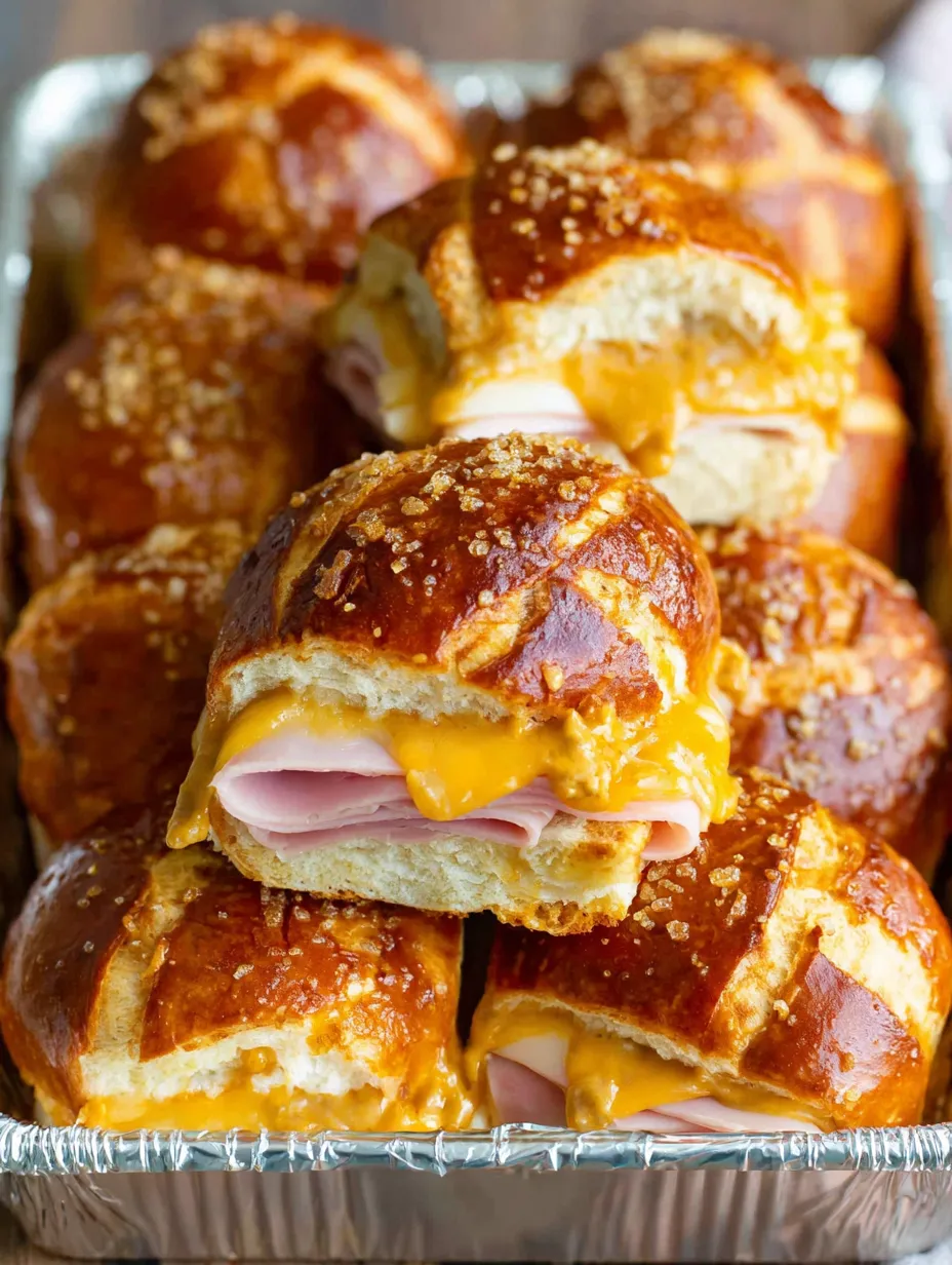 A tray of honey mustard ham and cheese pretzel sliders.